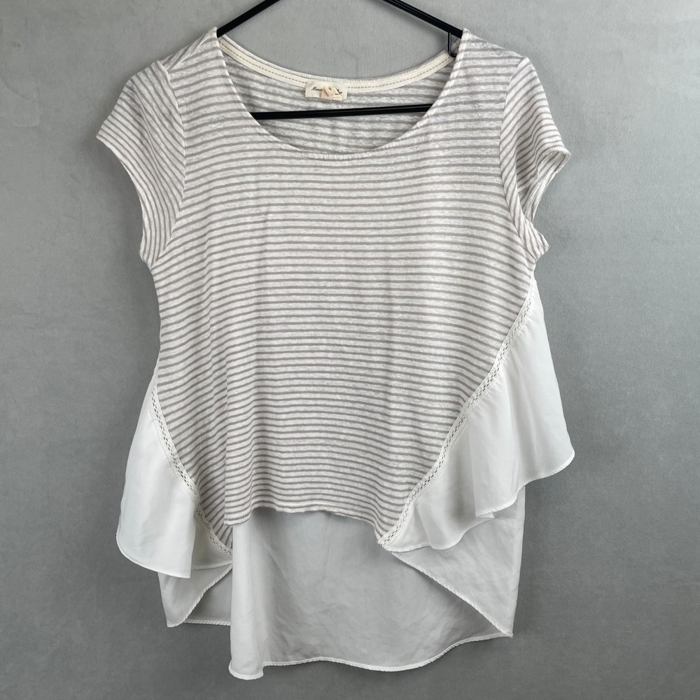 Meadow Rue Anthropologie Linen Stripe Mix Media Ruffle Back Boho Top Tan White S